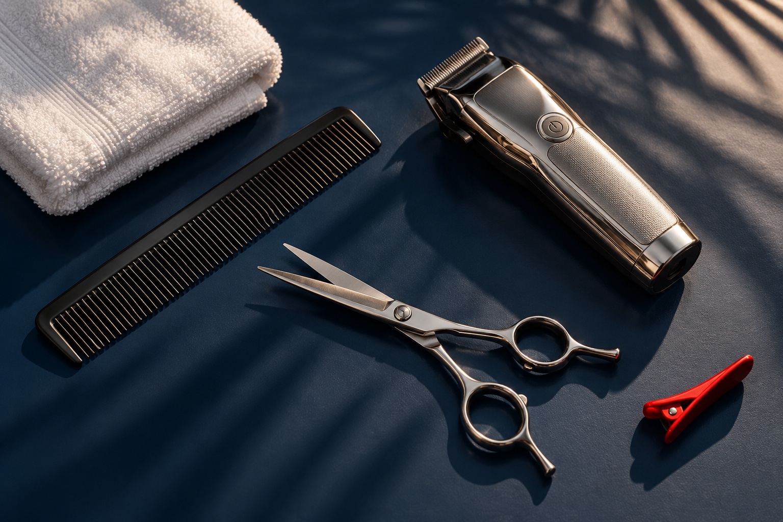 Illustrative barber tool study: scissors, comb, clipper and a folded towel on navy